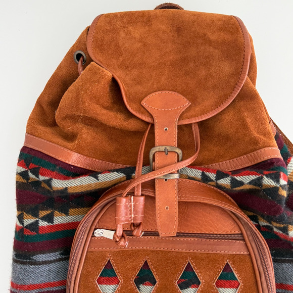 Vintage Suede Leather Woven Backpack Handmade Southwestern Navajo Aztec Tapestry main image 10